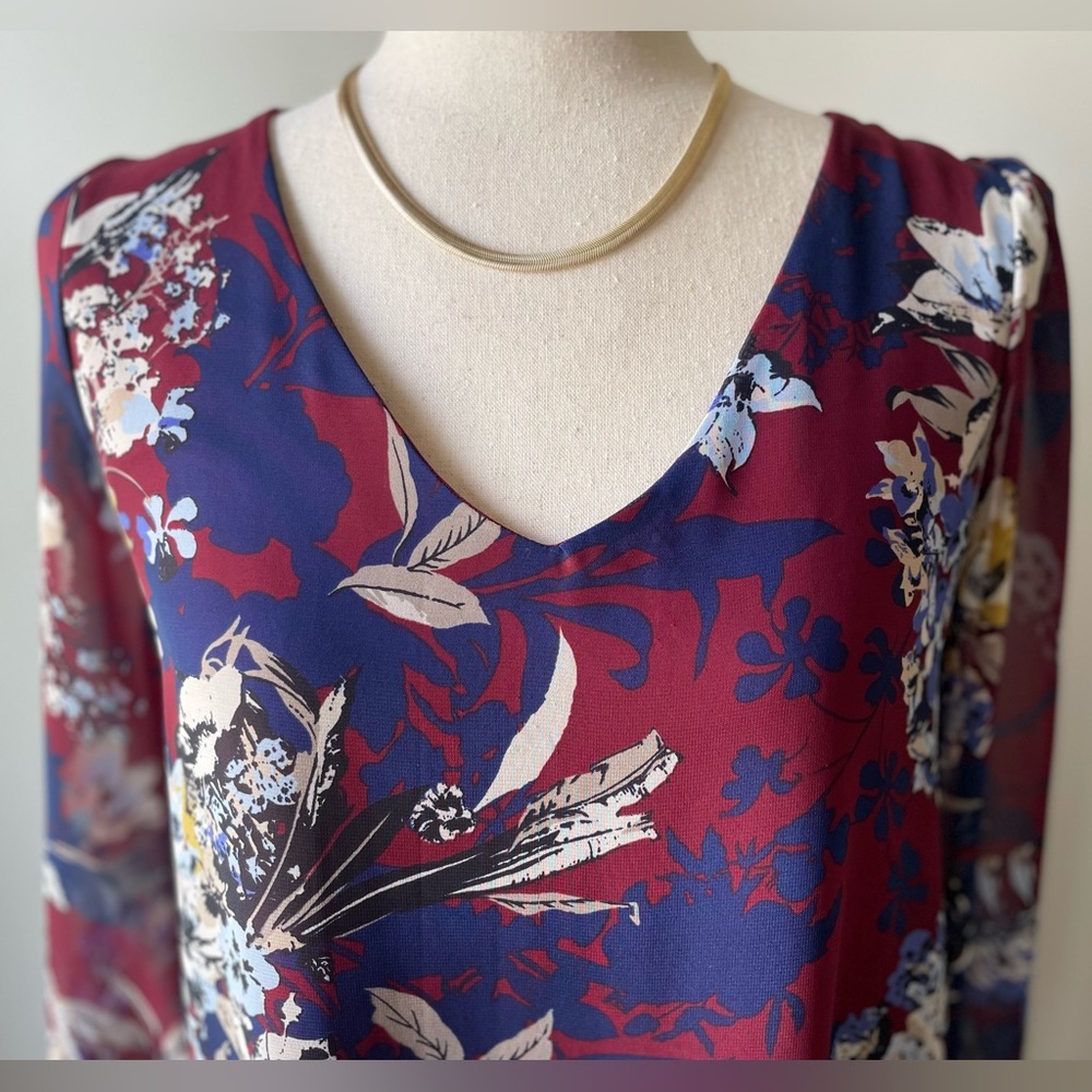 Peppermint | Long-Sleeve Boho Mini Dress | Maroon & Navy Floral | Small - Picture 2 of 6